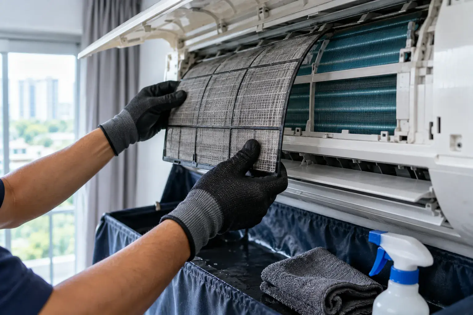 technician removing dirty filter from air conditioning unit indoors with cleaning supplies
