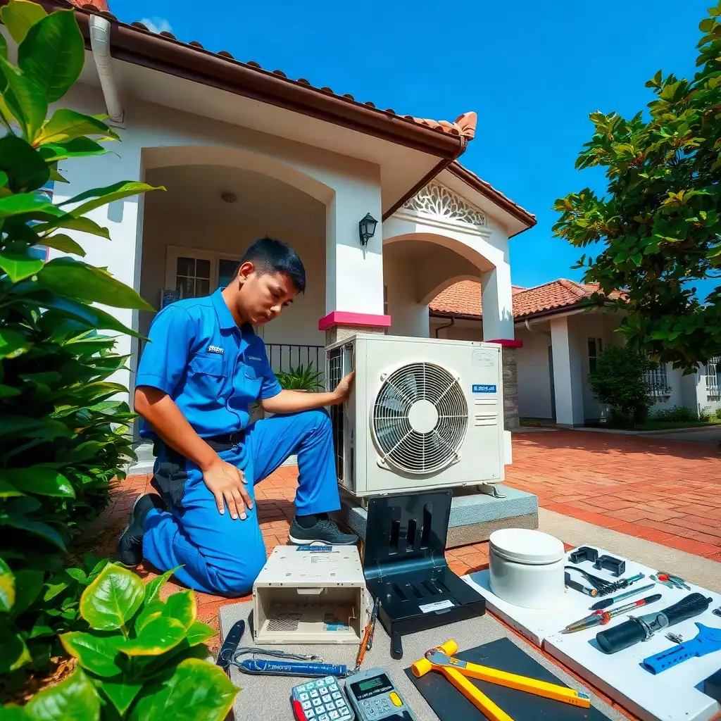 Technician inspecting an outdoor air-conditioning condenser at a house.