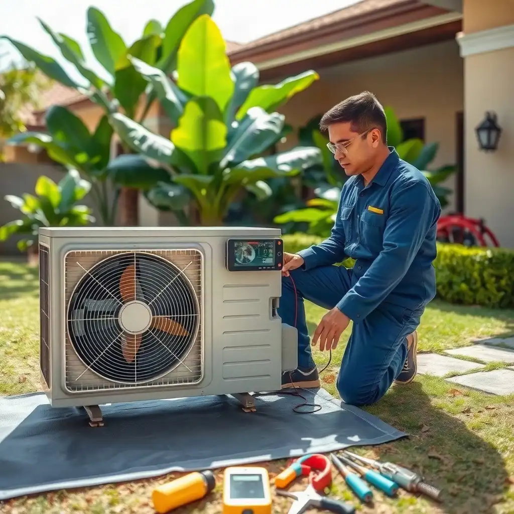 Technician checking an outdoor air-conditioning condenser at a house.