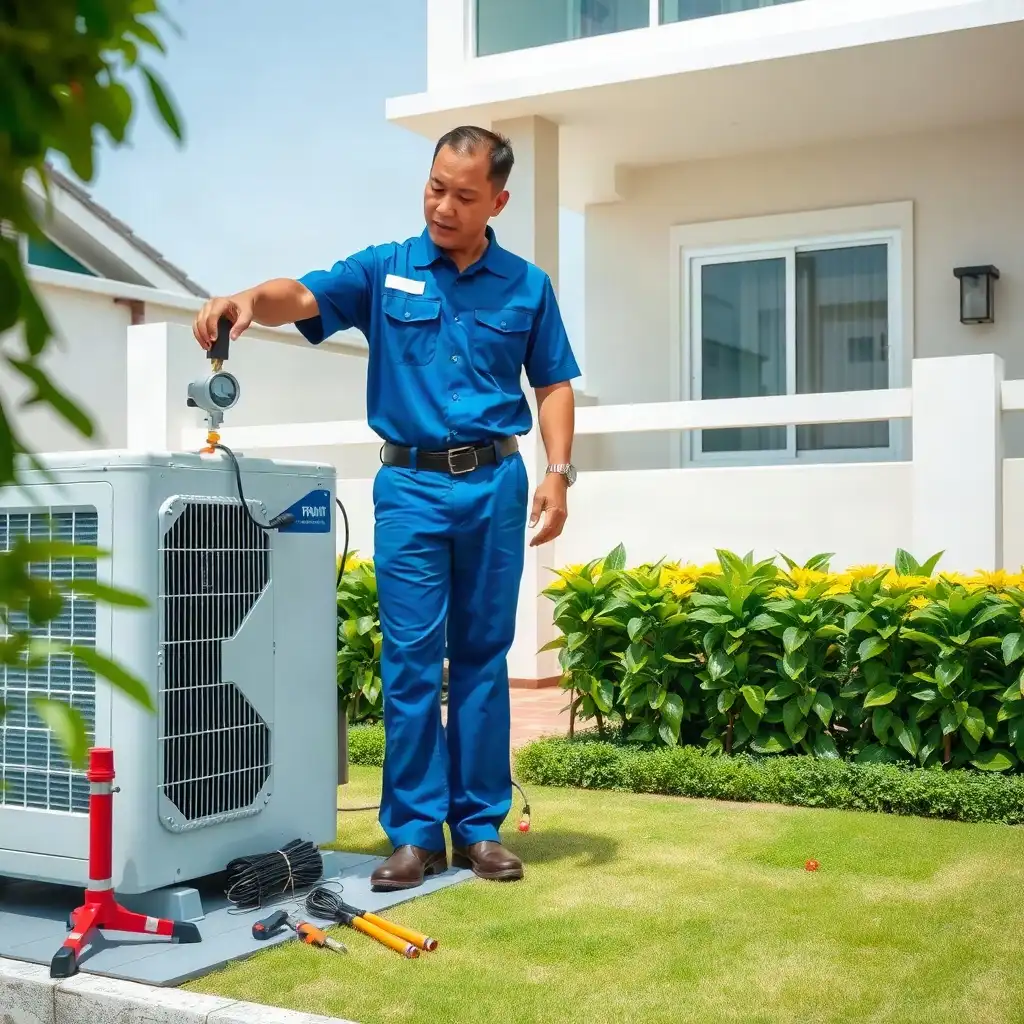Technician checking an outdoor air-conditioning condenser with a gauge.