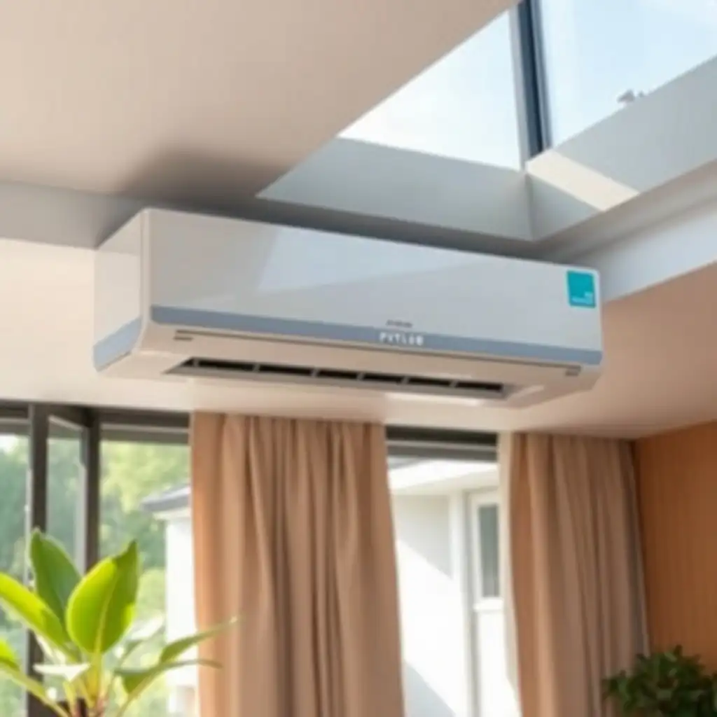 Modern air conditioning unit in a stylish Cyberjaya apartment, featuring natural light, greenery, and clean air filter options.