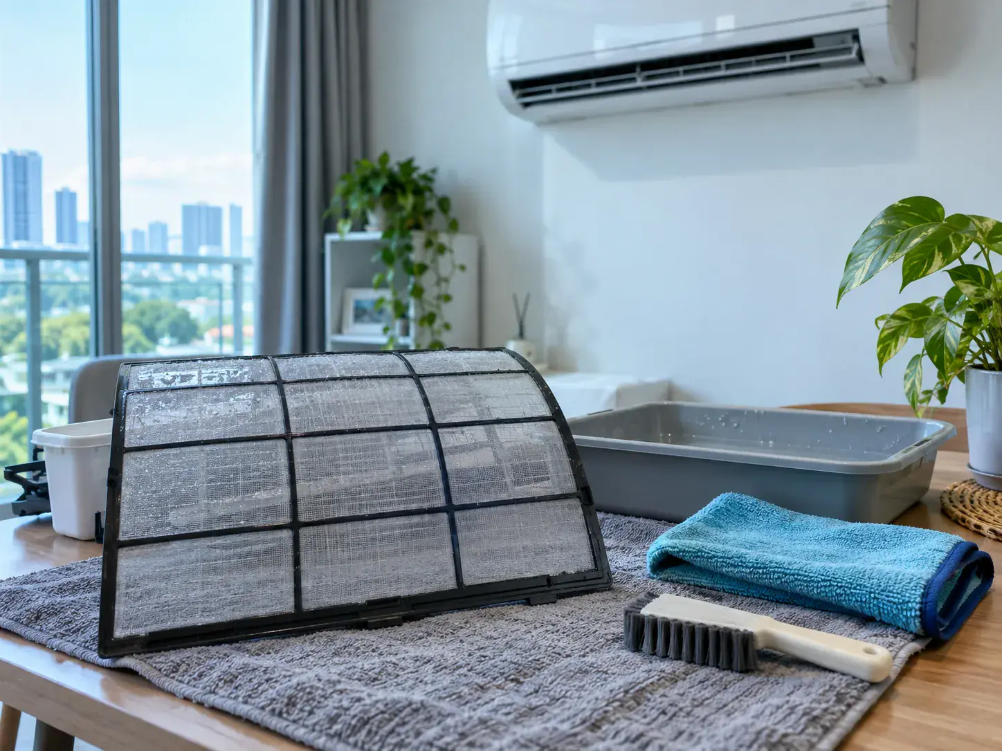 cleaned air conditioner filter drying on a towel with cleaning brush and cloth on table