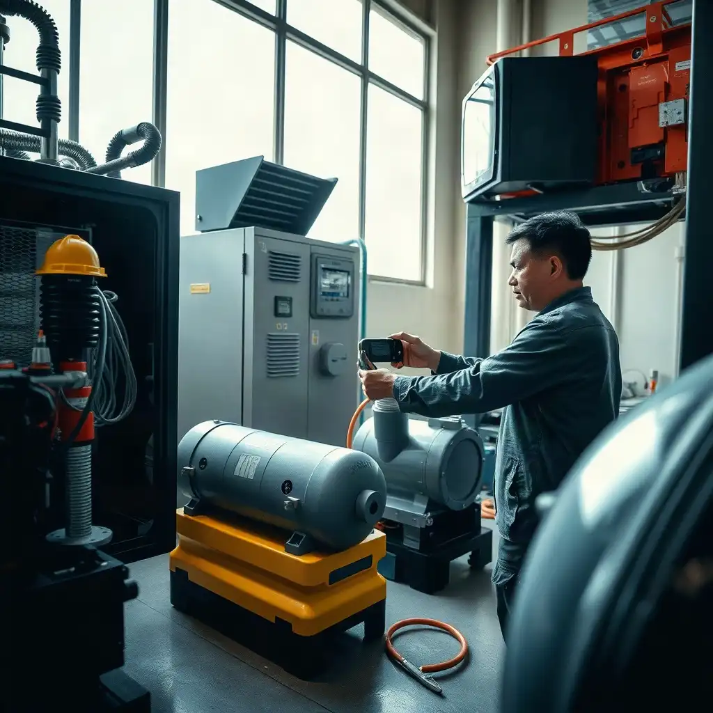 Technicians inspecting and servicing HVAC coils and condensers in a high-tech maintenance workshop, surrounded by advanced tools and equipment.