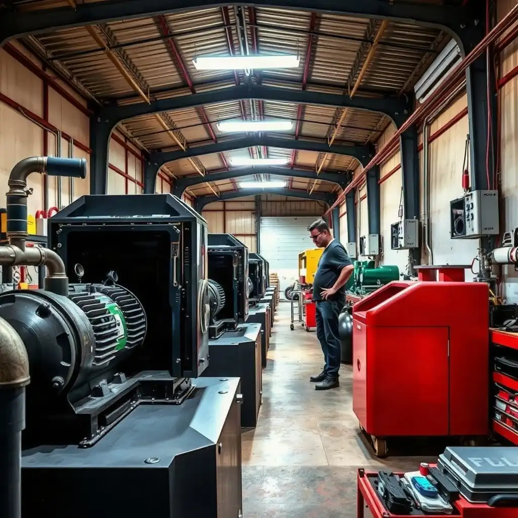 A busy compressor repair workshop in Cyberjaya, featuring technicians at work with modern tools and equipment under bright artificial lighting.