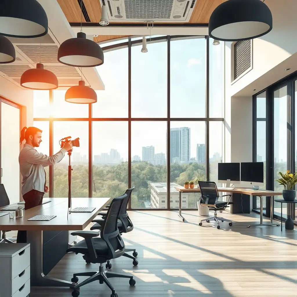 Modern office interior in Cyberjaya featuring sleek workspaces, large windows, and a vibrant color palette that emphasizes professionalism and innovation.