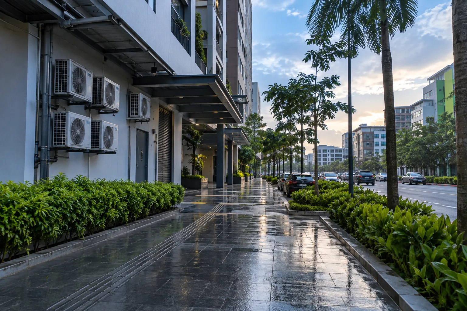 wet city sidewalk with trees, bushes and mounted air conditioning units on building wall at sunset in Cyberjaya
