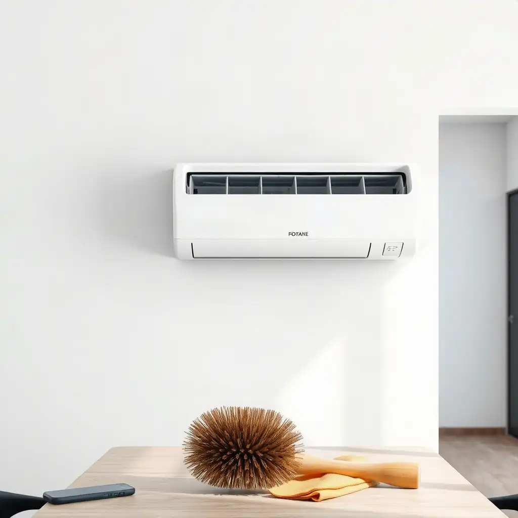 Wall-mounted air conditioner in an office with a cleaning brush and cloth.