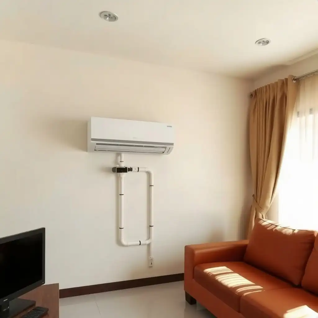 Wall-mounted split air conditioner and surface conduit in a living room.