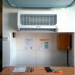 Wall-mounted air conditioner above a small-business reception counter.