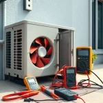 Outdoor air-conditioning condenser with exposed fan and electrical test meters.