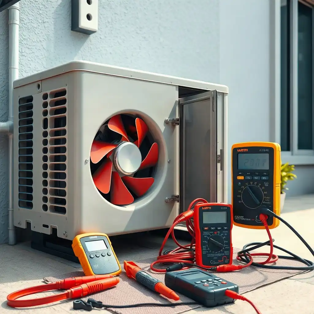 Outdoor air-conditioning condenser with exposed fan and electrical test meters.