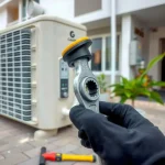 Gloved hand holding a wrench beside an outdoor air-conditioning condenser.