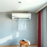 Split air conditioner fitted with a protective cleaning bag.