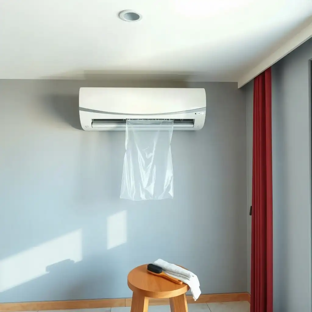 Split air conditioner fitted with a protective cleaning bag.
