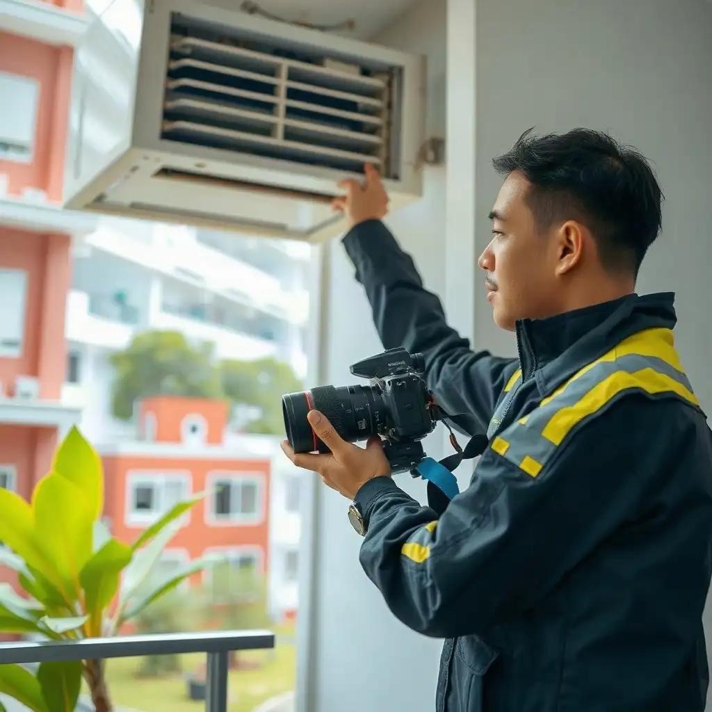 Technician inspecting an air conditioning unit in a vibrant urban setting after the monsoon, surrounded by lush greenery.