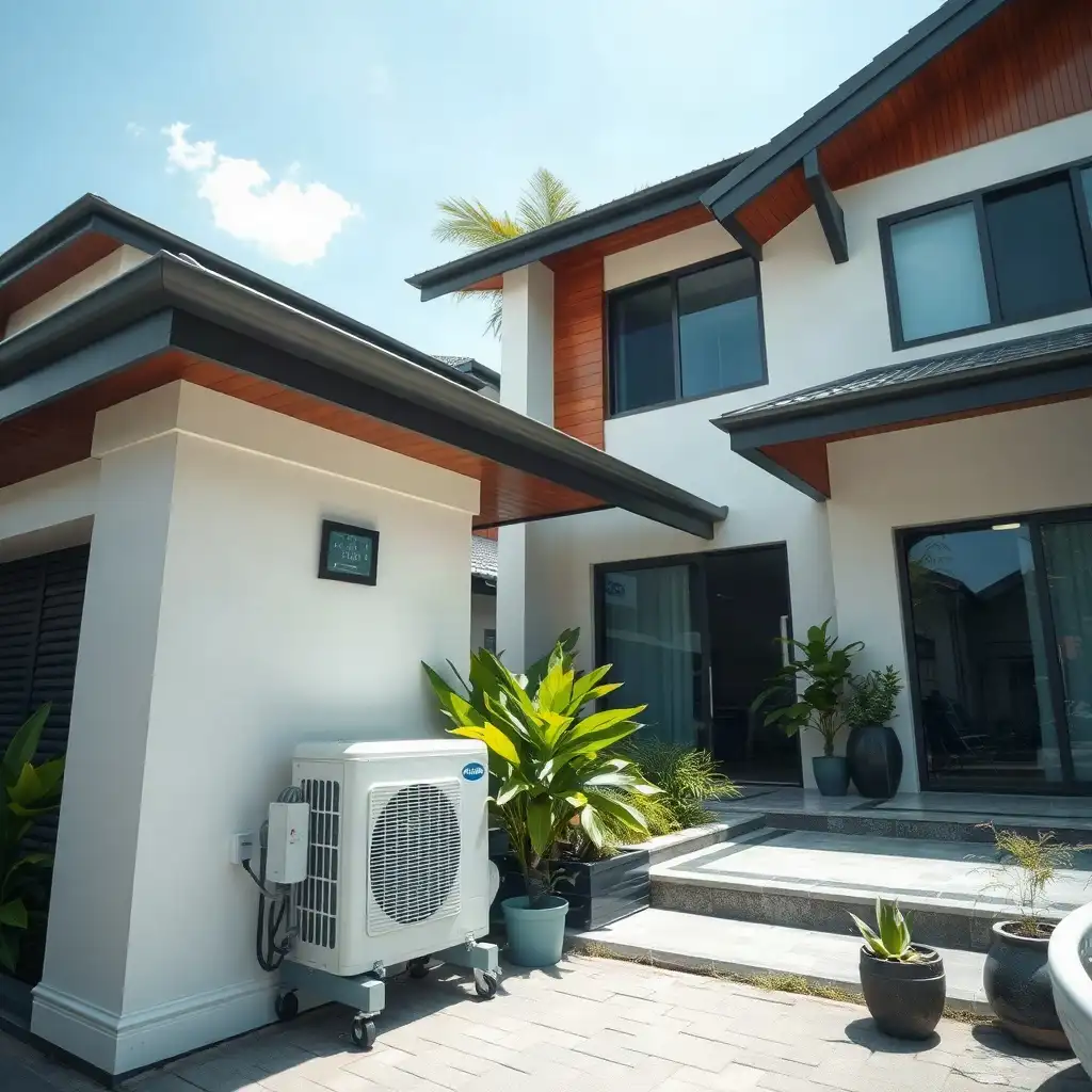 Modern home in Selangor, Malaysia, featuring lush landscaping, a strategically placed air conditioning unit, and well-maintained exterior details.