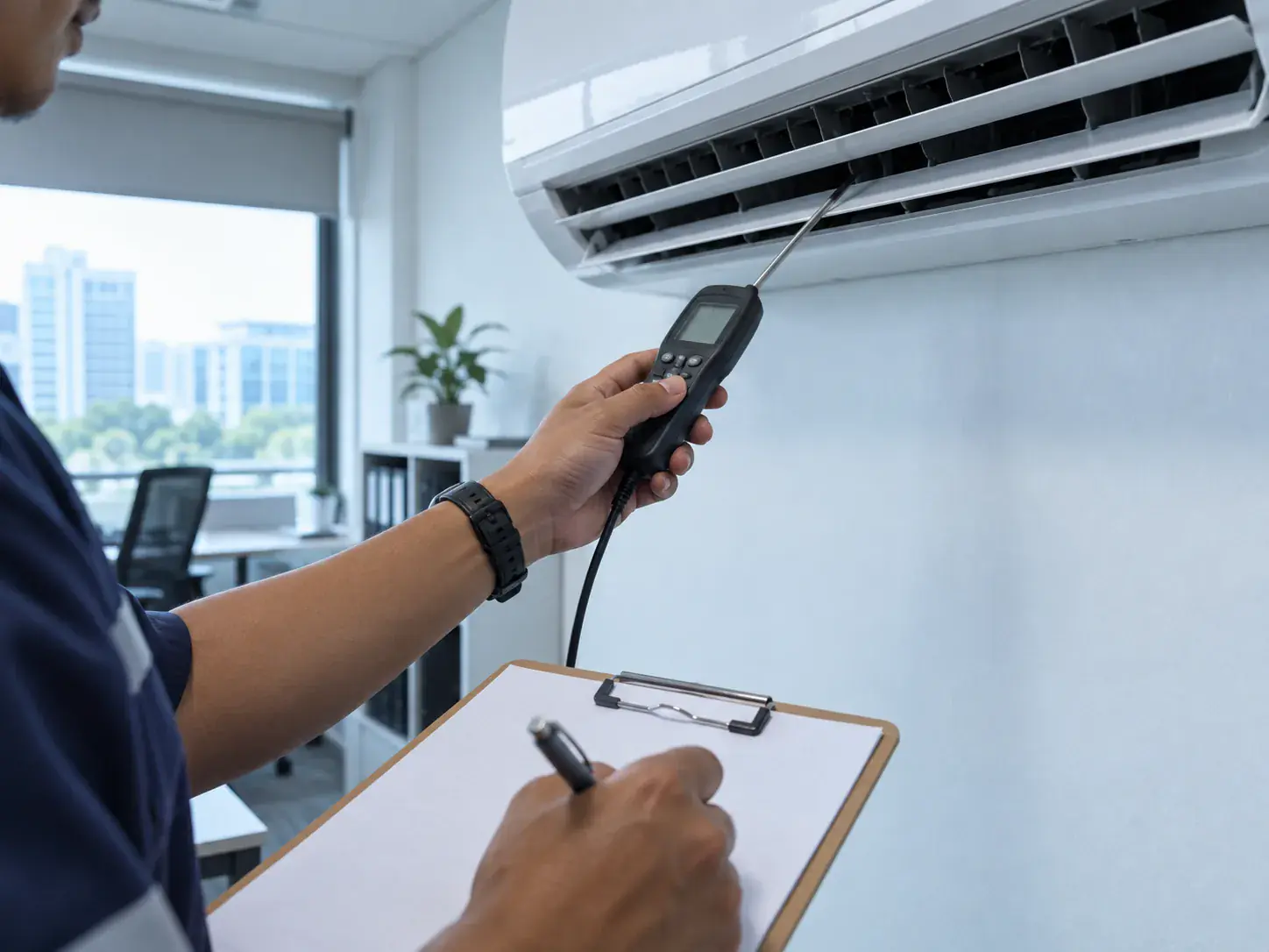 technician checking air conditioning unit and taking notes on clipboard