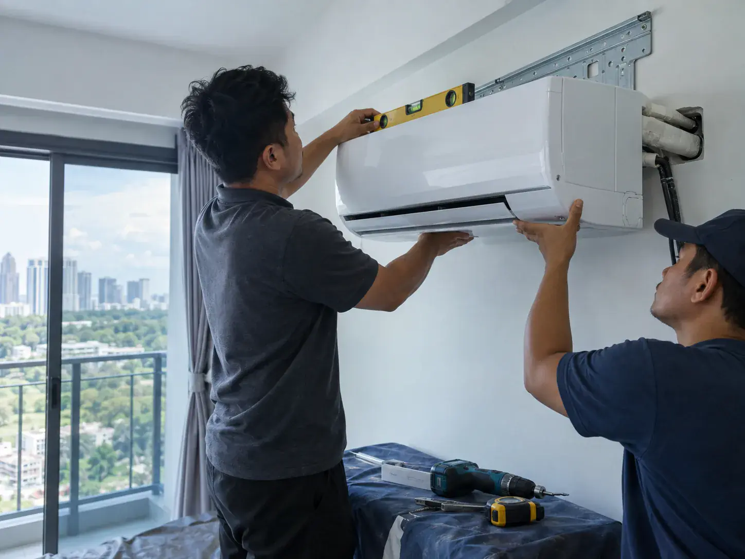 two workers fitting an air conditioning unit on a wall inside an apartment in Cyberjaya
